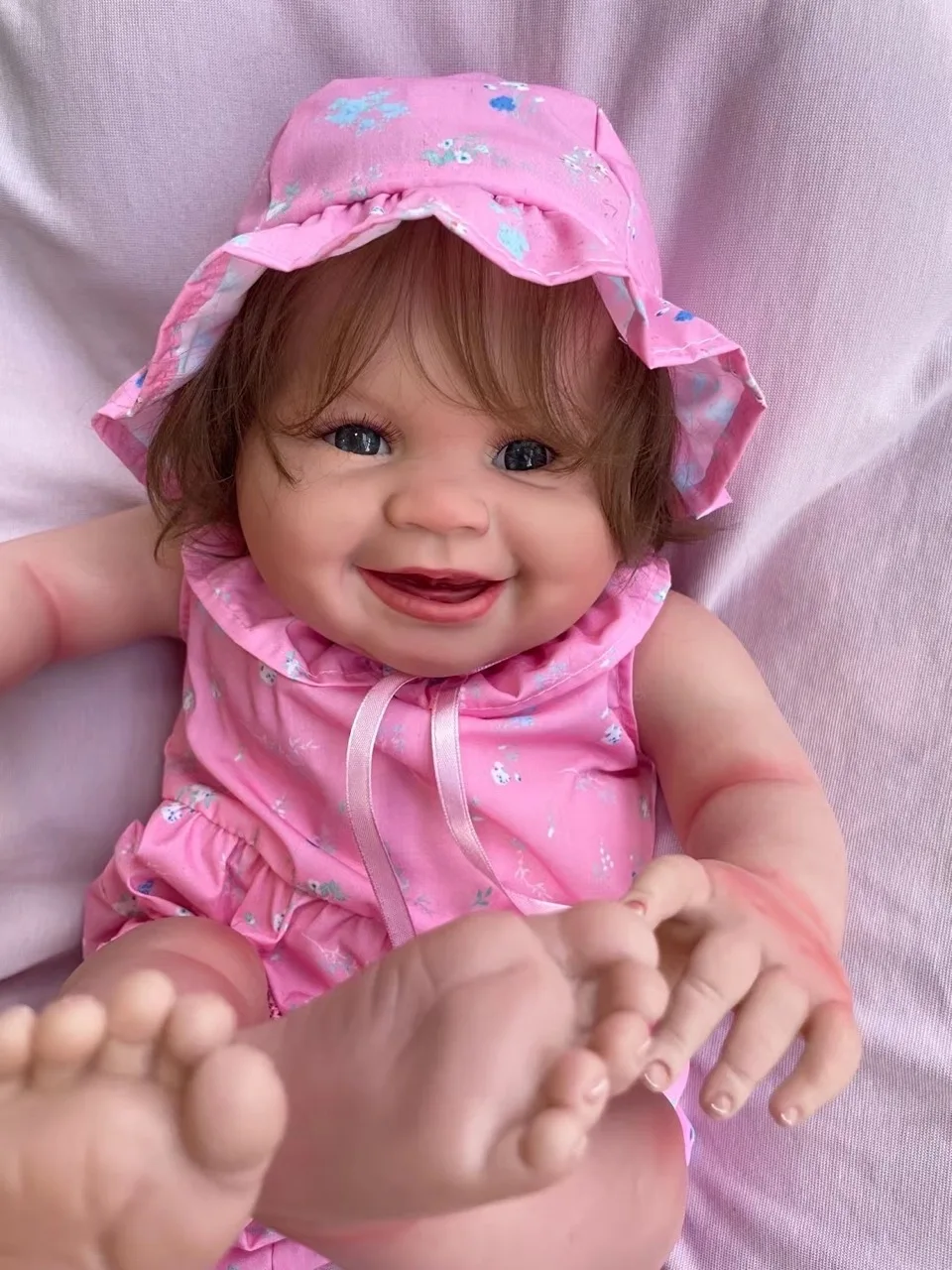 55CM Finished Reborn Baby Doll Juliana Handmade Rooted Brown Hair Soft Touch Cuddly Doll with 3D