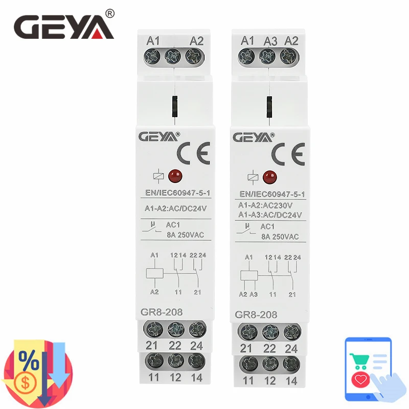 GR8-208 Relé auxiliar Intermedio Interruptor 8A 2SPDT 12V 24V 48V 110V 220V RELÉS Módulo de riel DIN (GR8-208-ACDC12V
