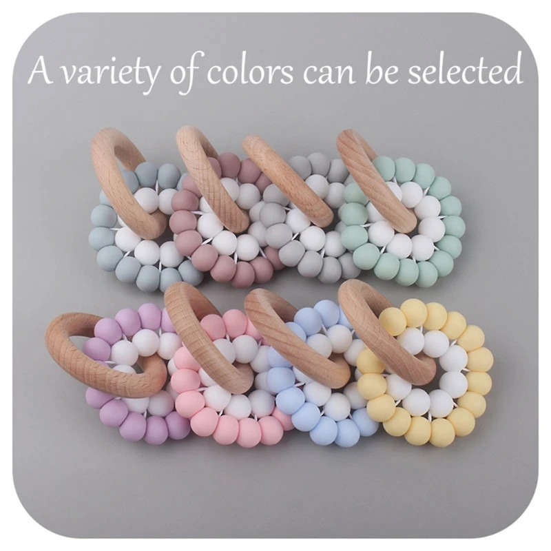 

Baby Wooden Ring Teether Bracelet Food Grade Silicone Beads Rattle Molar Soother Nursing Teething Chewing Toy