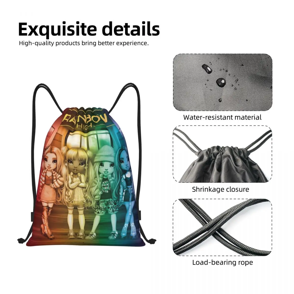 Custom Rainbow High Drawstring Backpack Sports Gym Bag for Men Women Cartoon Animation Shopping Sackpack 3