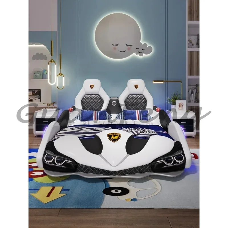 Children's Bed Boys and Girls 1.8m New Creative Cartoon Car Bed 1.5m Princess Leather Bed with Guardrail Blue 2