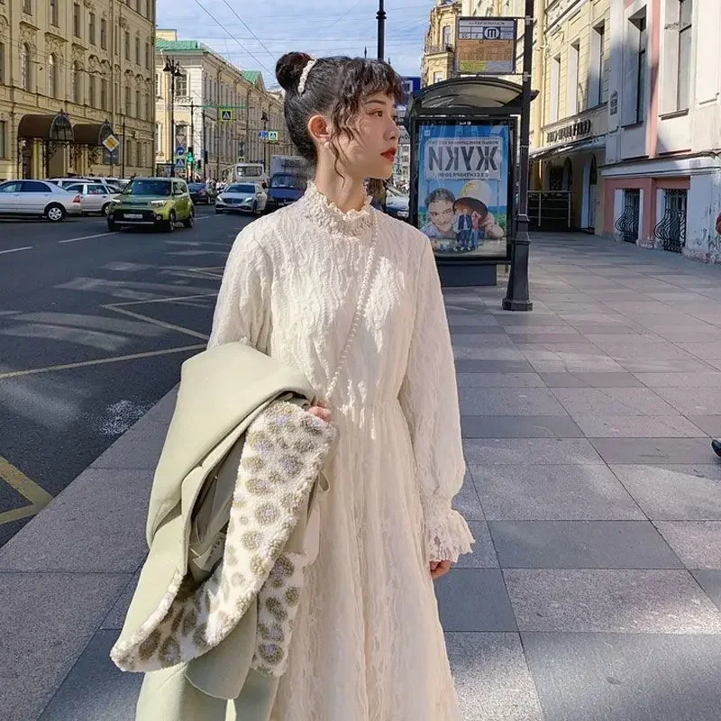 

Solid Korean Preppy Style Women Autumn Elegant Long Sleeve All-match Fashion Casual Vestidos Female Thick Sweet Lace Midi Dress