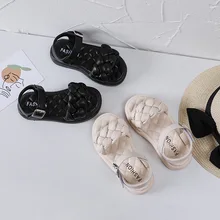 

Casual Children Fashion Girls Solid Beige Sandals 2022 Summer New Soft Beach Weave Thick Bottom Non-slip Princess Flat Kids Shoe