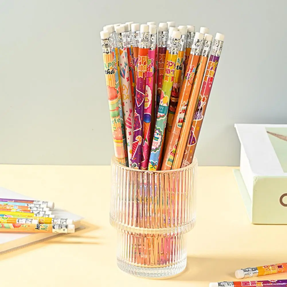 Various Design Pencils Fun Festive Birthday Pencils 24 Wooden Pencils with Top Erasers for Kids' Birthday Party Supplies Favors