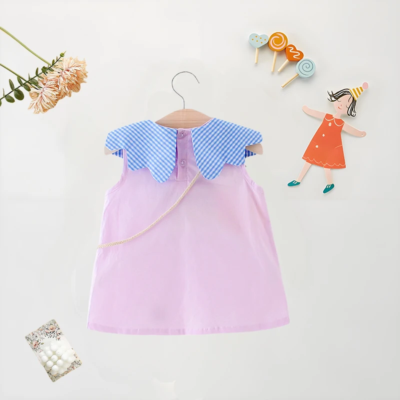 Summer Baby Girl Dress+Bag 2 Pcs Plaid Big Collar Solid Color Dress Cute Loose Cotton Comfortable Sleeveless Dress girls dress baby girl dress