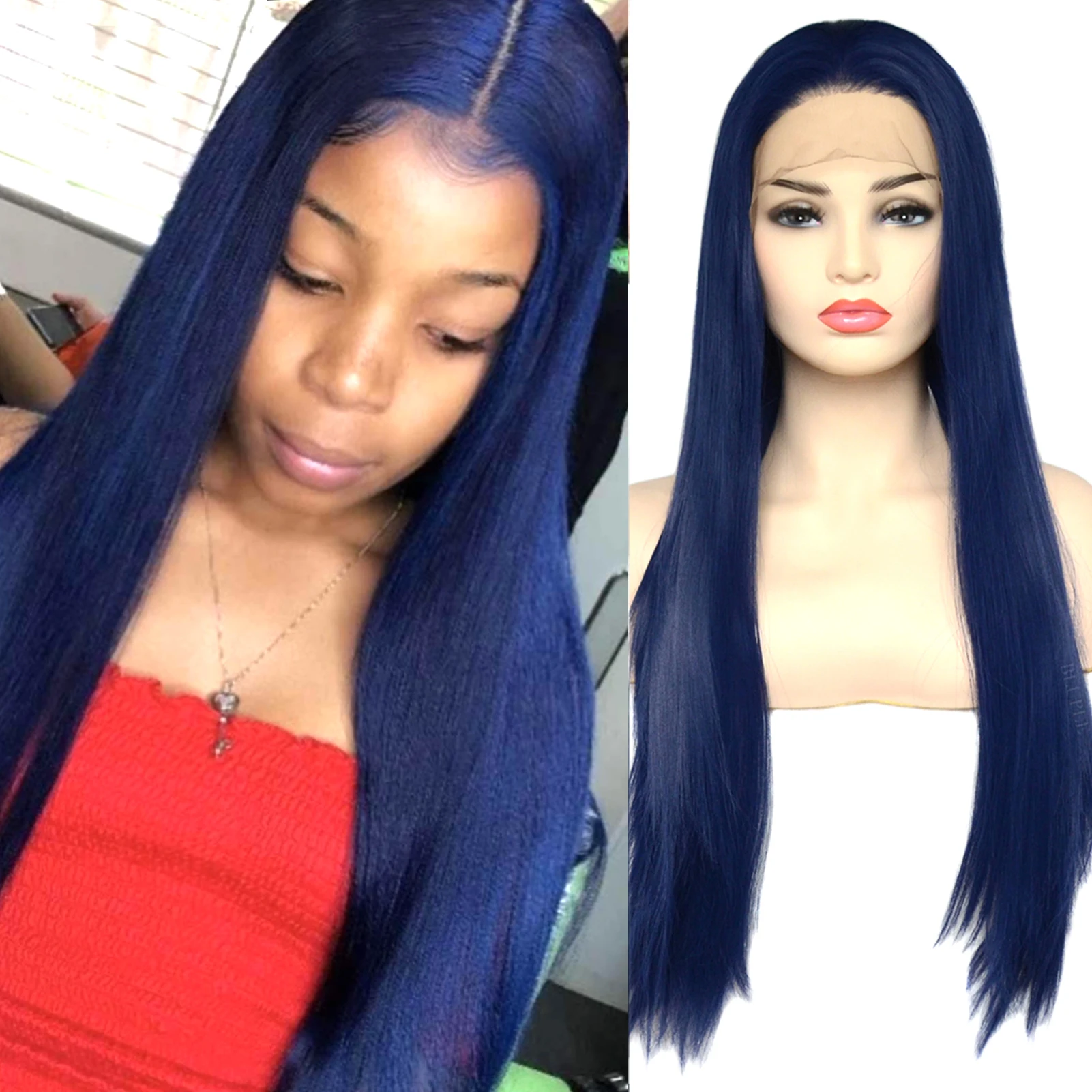 Dark Blue Lace Front Wigs Straight Trendy Heat Resistant Synthetic Hair Half Hand Tied Wigs for Women Cosplay Daily Wear