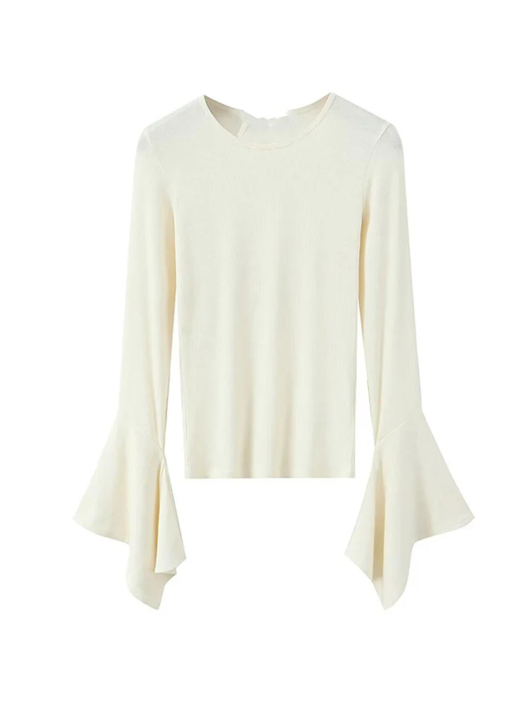 Spring New Long sleeve T shirt For Women Simple Casual Fitted Basic Tee Shirt Fashion Solid Color Autumn Tierred Decor Slim Tee