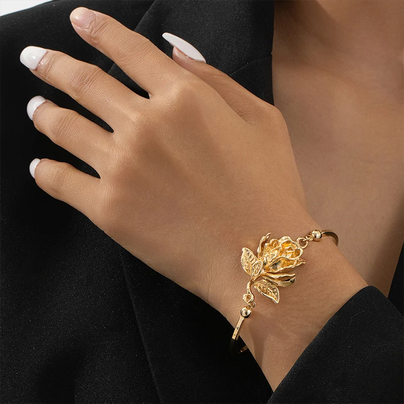 Metal Rose Flower Bangle For Women Fashion Jewelry Earrings Necklace Set Holiday Accessories Daily Wear Romantic Gifts MQF040 5