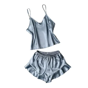 2 قطعة مجموعة الحرير النساء بيجامة مجموعات موضة Soild الحمالات والسراويل القصيرة مع حقيبة للحمل ملابس المنزل مجموعة مثير الحمالات للنساء 5