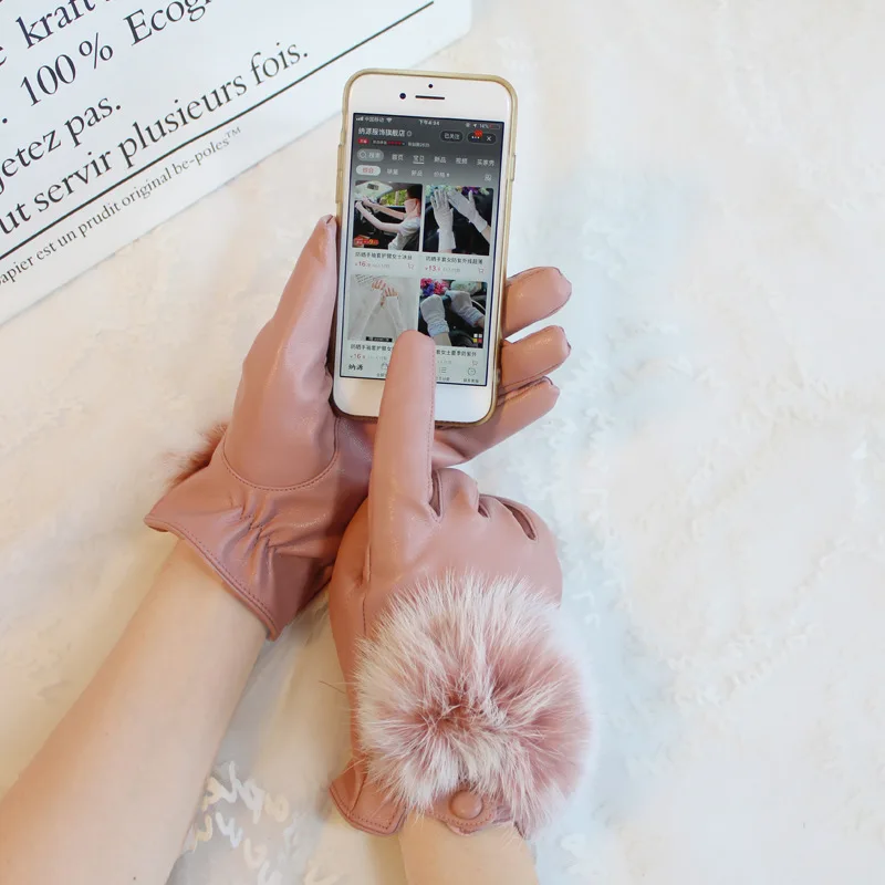 ���� �ܿ� PU ���� �尩 ���� ������ ��ġ ��ũ�� ���� �Ȱ� guants mujerRabbit Hair Cold-proof �Ϳ��� �尩