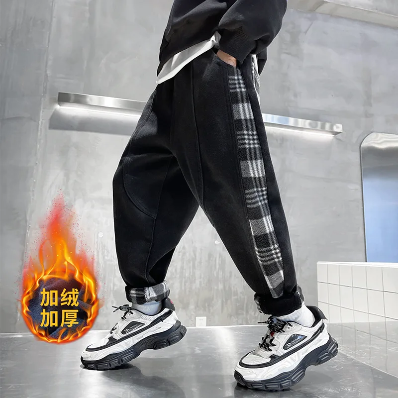 

Boys Clothes Jeans Winter Plush Thick Warm Casual Denim Trousers Fashion Teens Clothing Side Plaid Elastic Waist Pants 4-14 Yrs