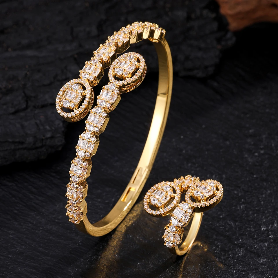 ZAKOL 9 Styles Golden Open Bracelet Ring Jewelry Set Geometric Shiny Zircon 18K Gold Plated Middle East Wedding Party Jewelry 6