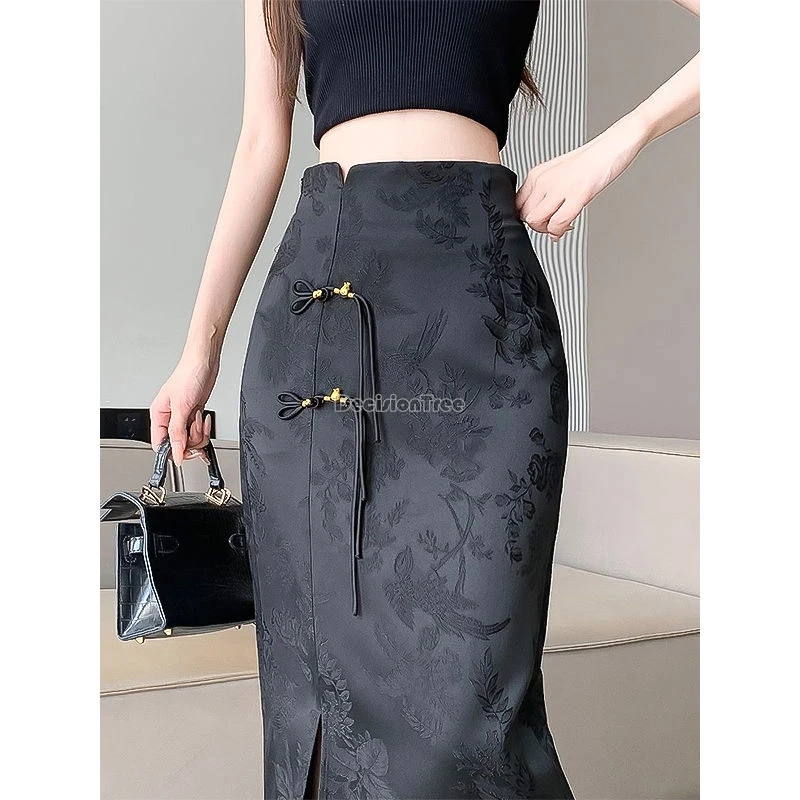 chinese improved retro style cheongsam button skirt chinese women elegant fashion jacquard slit hip wrap midi skirt b118