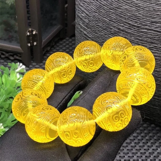 

Natural Old Reed Pattern Beads Bangles Yellow Amber Bracelet Handcarved Raw Gold Exquisite Unisex Jewelry Accessories