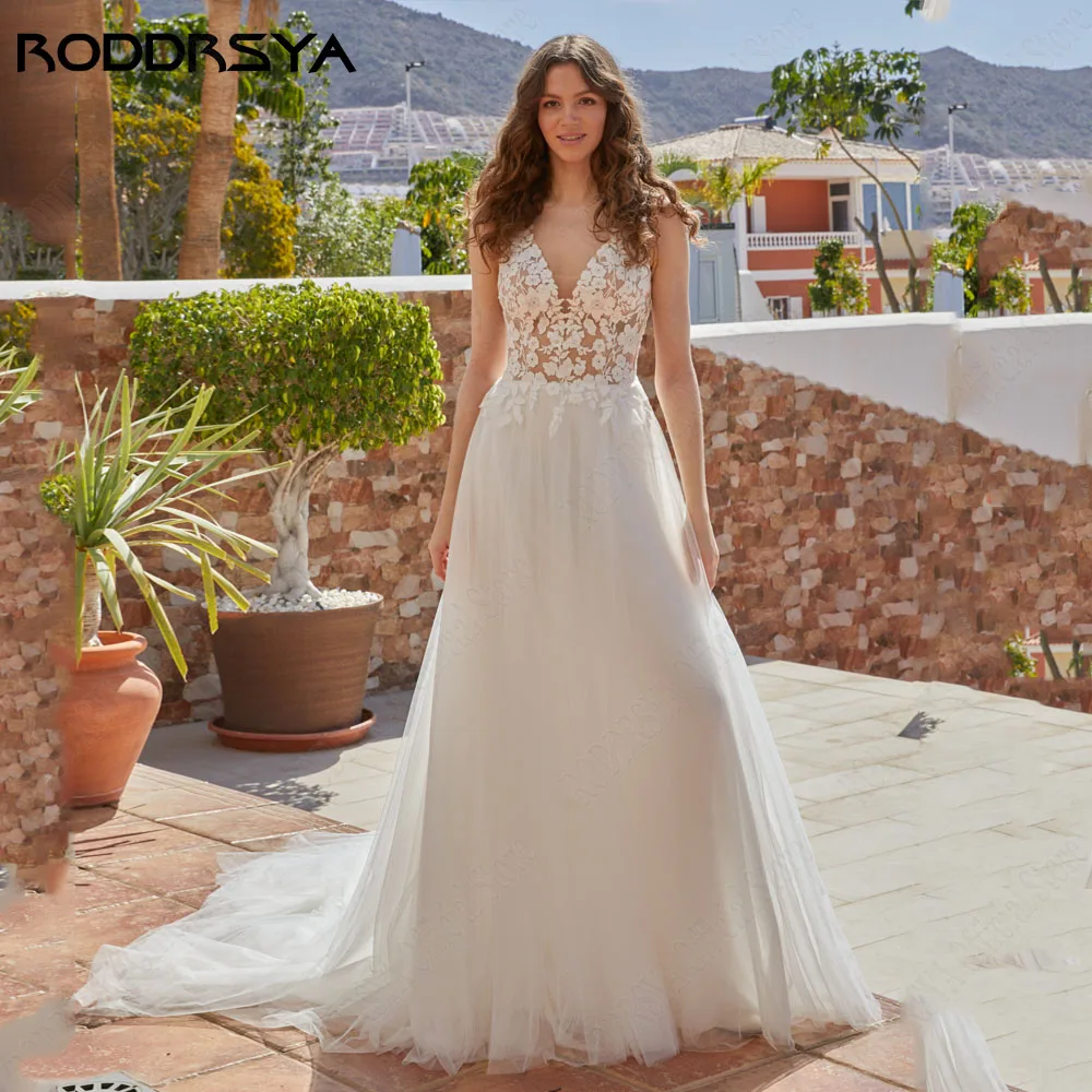

RODDRSYA Civil Wedding Dress For 2024 Bridal Sleeveless Double V-Neck Bride Gowns Lace Applique A-Line Tulle vestidos de novia