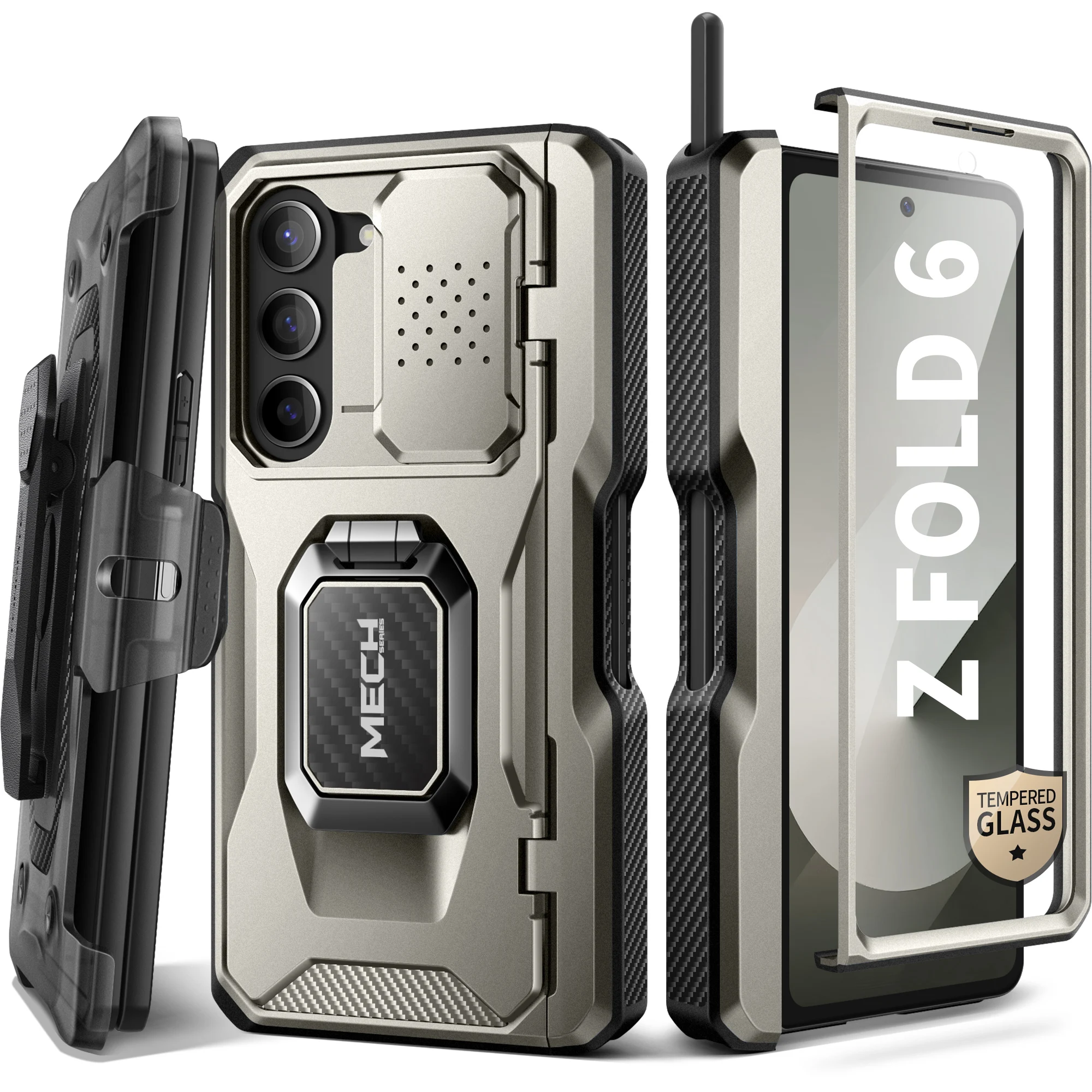 Tongate For Z Fold 6 Case, [with Card Holder & S Pen Holder] [Glass Screen Protector & Slide Camera Cover] Rugged Hinge Protection Wallet Kickstand Phone Case For Samsung Galaxy Z Fold