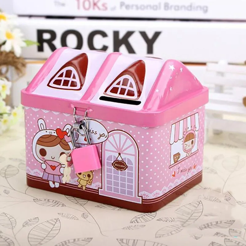 New Metal House Shape Piggy Bank Coin Safe Storage Box Child Piggy Banks Key Lock Money Box Creative Children Gift