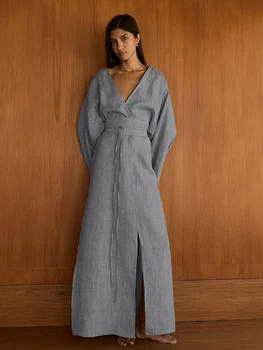 Marthaqiqi Casual Female Pajamas Long Sleeve Sleepwear Sexy V-Neck Nightwear Lace Up Nightgowns Ankle-Length Dress Women Nightie