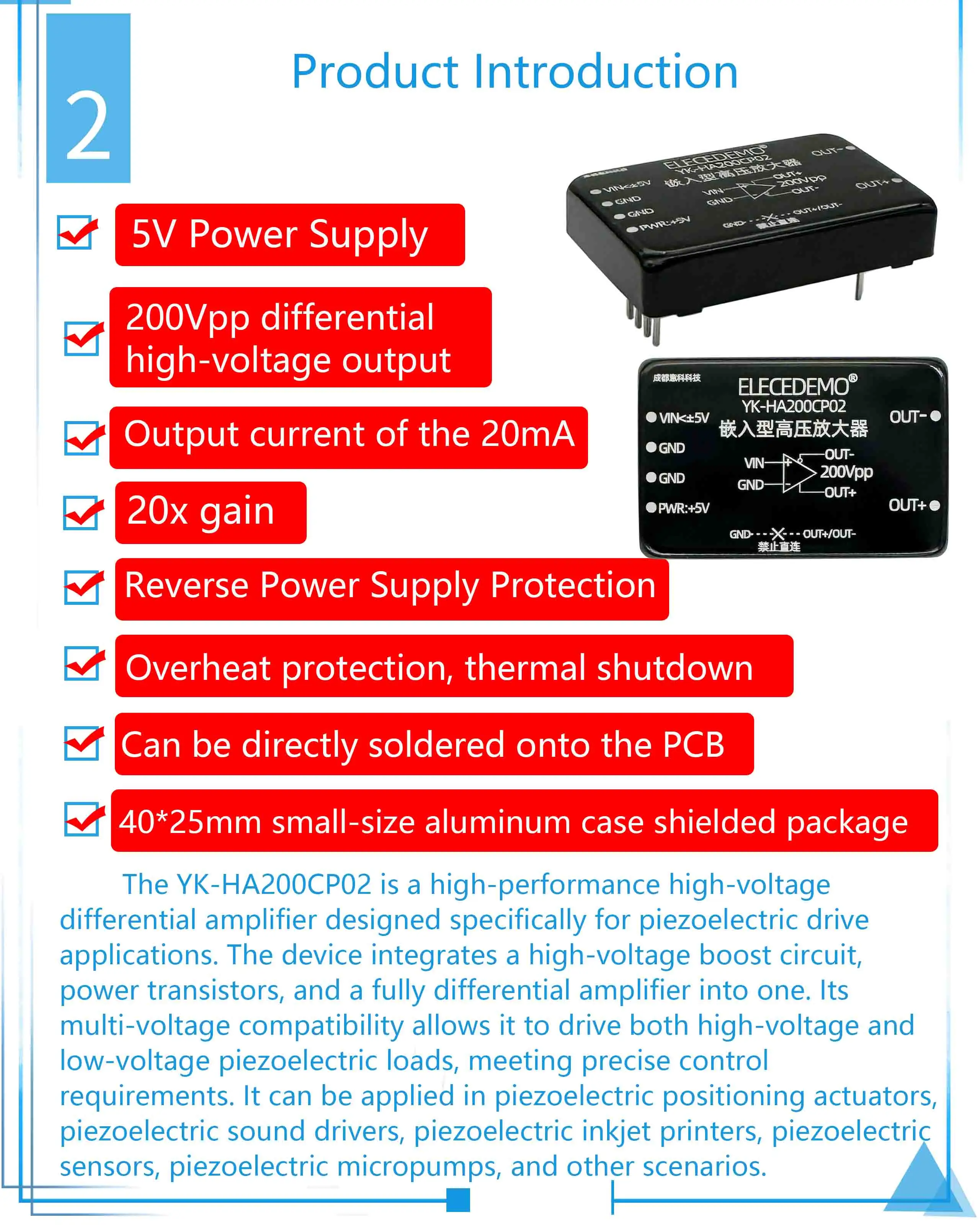 High-voltage amplifier arbitrary waveform output differential 200Vpp piezoelectr