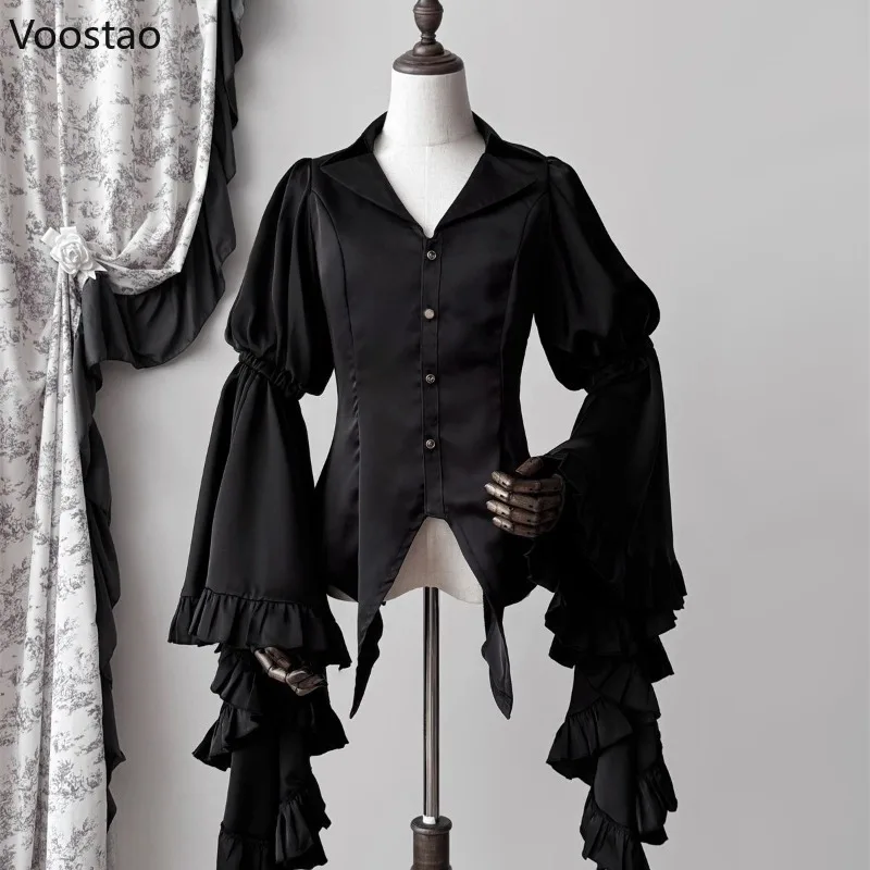 Japanese Vintage Elegant Lolita Shirt Women Victorian Gothic Flare Sleeve Blouses Female Y2k Aesthetic Casual Retro Tops Blusas 1