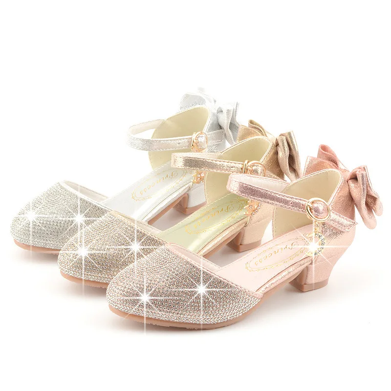 Princess Kids Leather Shoes for Girls Dress Shoe Glitter Children High Heel Girls Shoes Butterfly Knot Gold Pink Silver girls high heel shoes leather shoes girls shoes