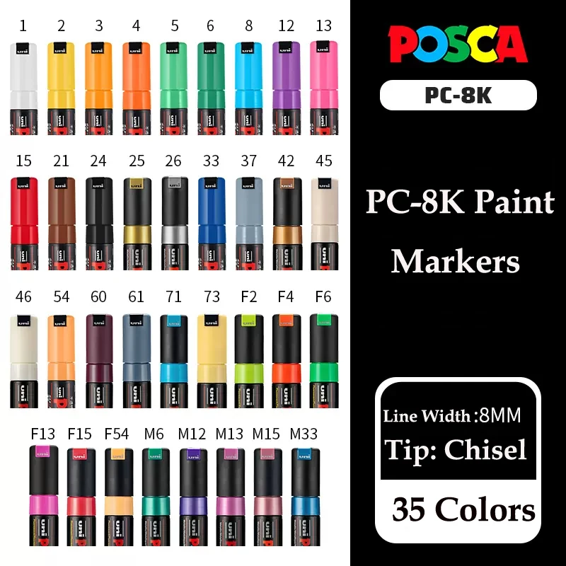 Uni-Posca caneta marcador para Rock Graffiti pintura em tecido, ampla cinzel dicas, 8K, 35 cores