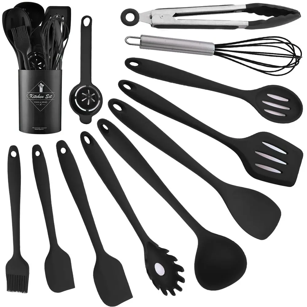 

12Pcs Silicone Cooking Utensils Set Kitchenware Non-stick Cookware Black Spatula Shovel Egg Beaters Baking Tools With Storage