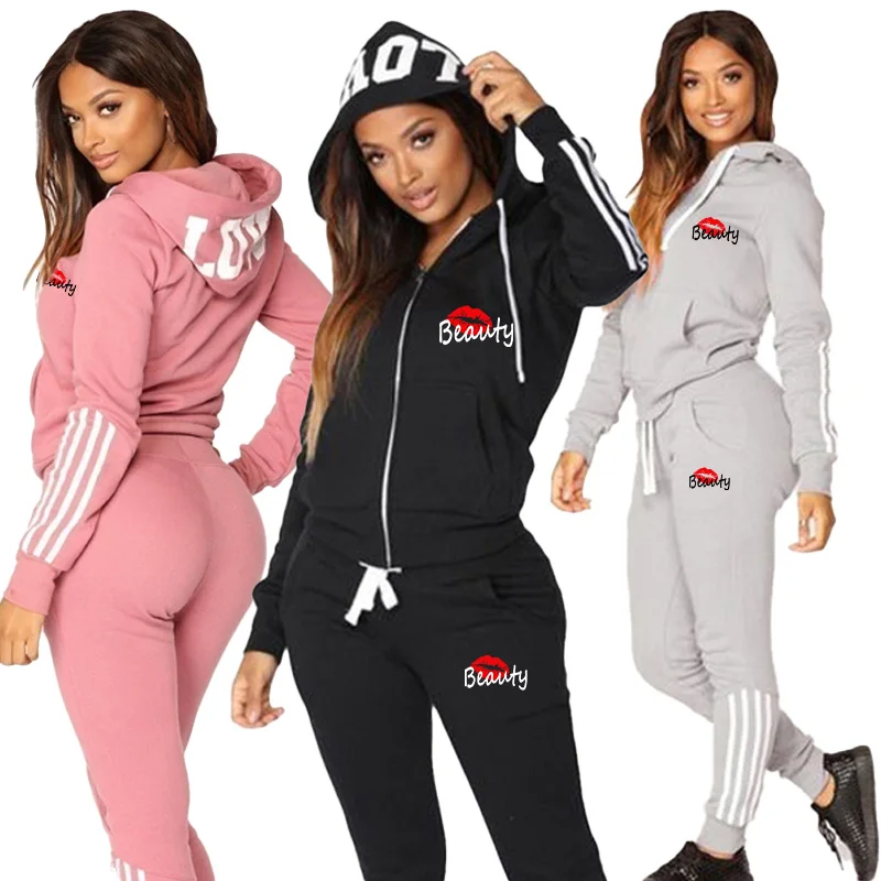 Popular women's fashion zippered hooded sportswear set with printed striped hoodies and jogging pants Women's daily casual wear