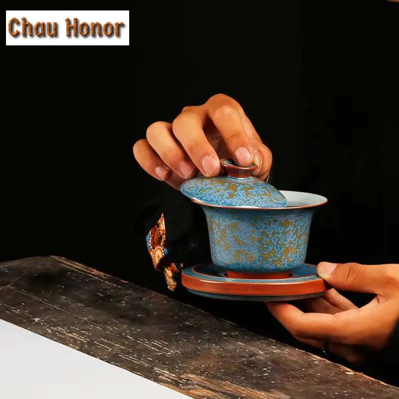 160ml Emerald Blue Jade Kiln Change Gaiwan Boutique Tea Tureen Household Tea Making Cover Bowl Teaset Accessories Decoration