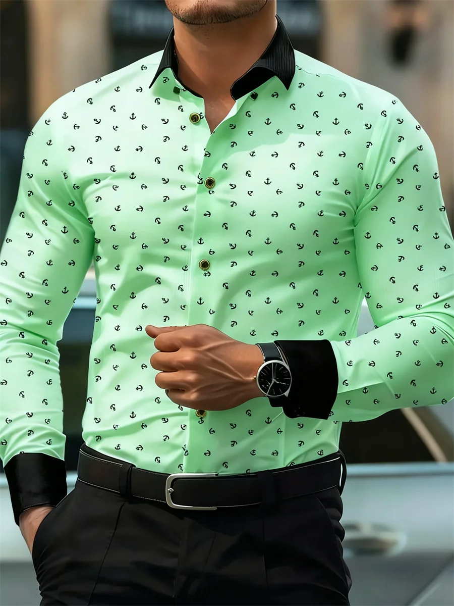 New Men's Fashion Anchor Print Contrast Color Lapel Long Sleeve Shirt Business Casual Slim Fit Non-iron Versatile Shirt XS-6XL