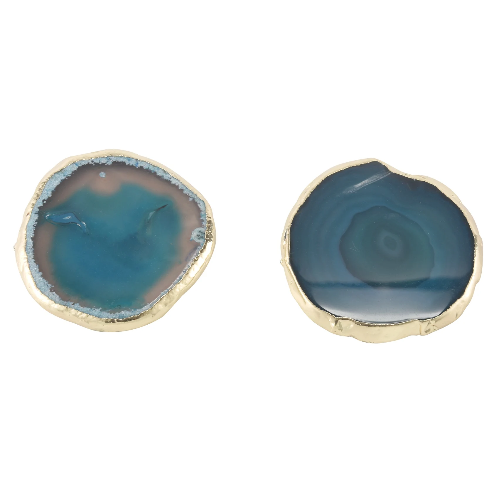

2Pcs Agate Slice Blue Agate Coaster Teacup Tray Decorative Design Stone Coaster Gold Edges Home Decor Gemstone Coaster