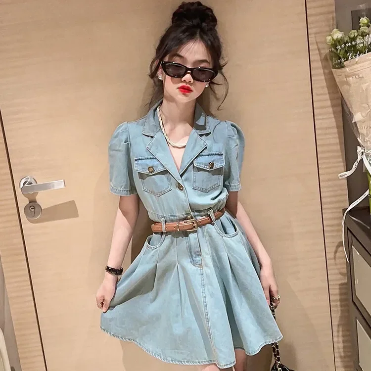 

baby girls belted denim dress short sleeve summer puff sleeve jeans dress pockets A-line dresses vestidos Korean 3 to 13 yrs