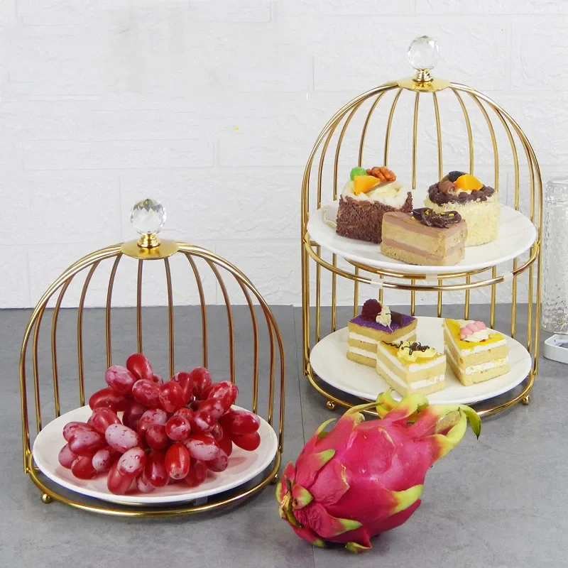 Birdcage Double Layer Cake Stand Wrought Iron Display Stand Ceramics Three-tier Fruit Tray Afternoon Tea Dessert Decorative Rack