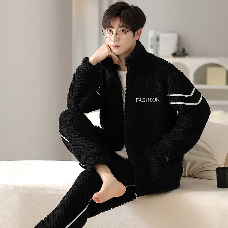 2023 Winter Long Sleeve Thick Warm Flannel Pajama Sets for Men Coral Velvet Cute Cartoon Sleepwear Suit Pyjamas Homewear Clothes