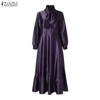 ZANZEA Elegant Women Satin Silk Party Maxi Dress Tie Neck Long Sleeve Ruffled Hem Long Dress Evening Cocktail Glossy Robes Femme 2