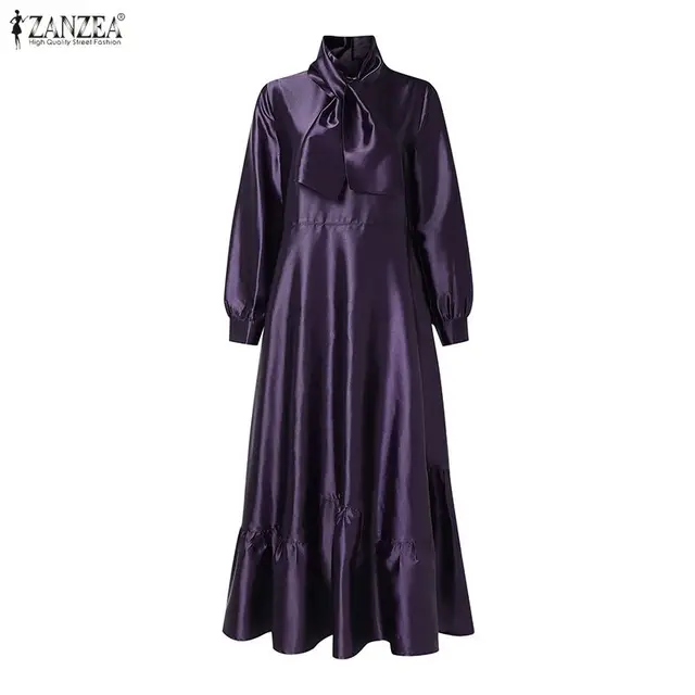 ZANZEA Elegant Women Satin Silk Party Maxi Dress Tie Neck Long Sleeve Ruffled Hem Long Dress Evening Cocktail Glossy Robes Femme 2