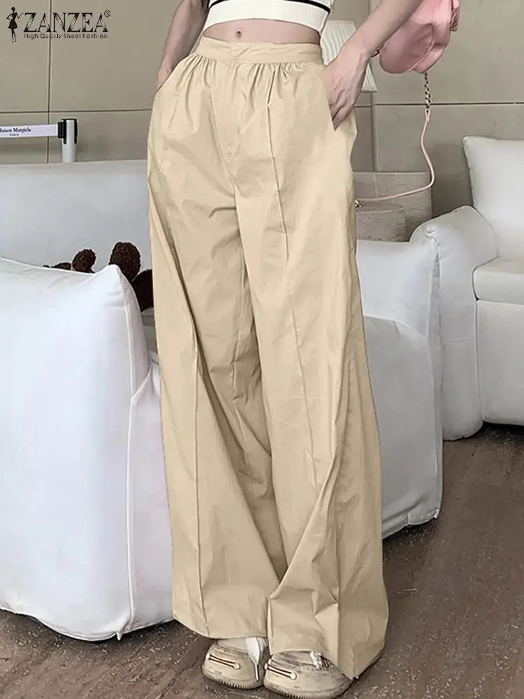 Women Wide Leg Trouser ZANZEA Fashion Elastic Waist Solid Long Pants 2023 Autumn Mid-Waist Pantalon Streetwear Vintage Bottoms
