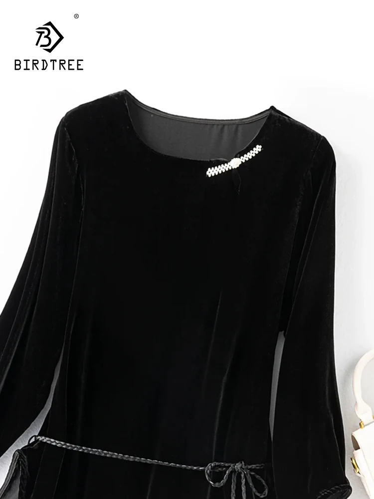 

Birdtree Women Temperament,100%Real Silk Velvet Retro Shirt Black Slim Round Neck Elegant Commute Shirt Autumn Winte T3D2104QC