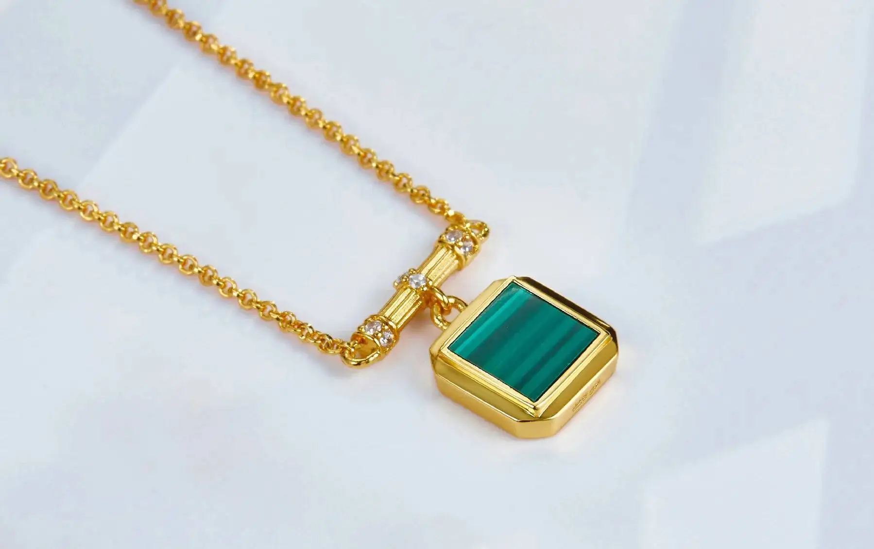 Silver 18K Gold Malachite Lapis Lazuli Square Pendant Choker Necklace