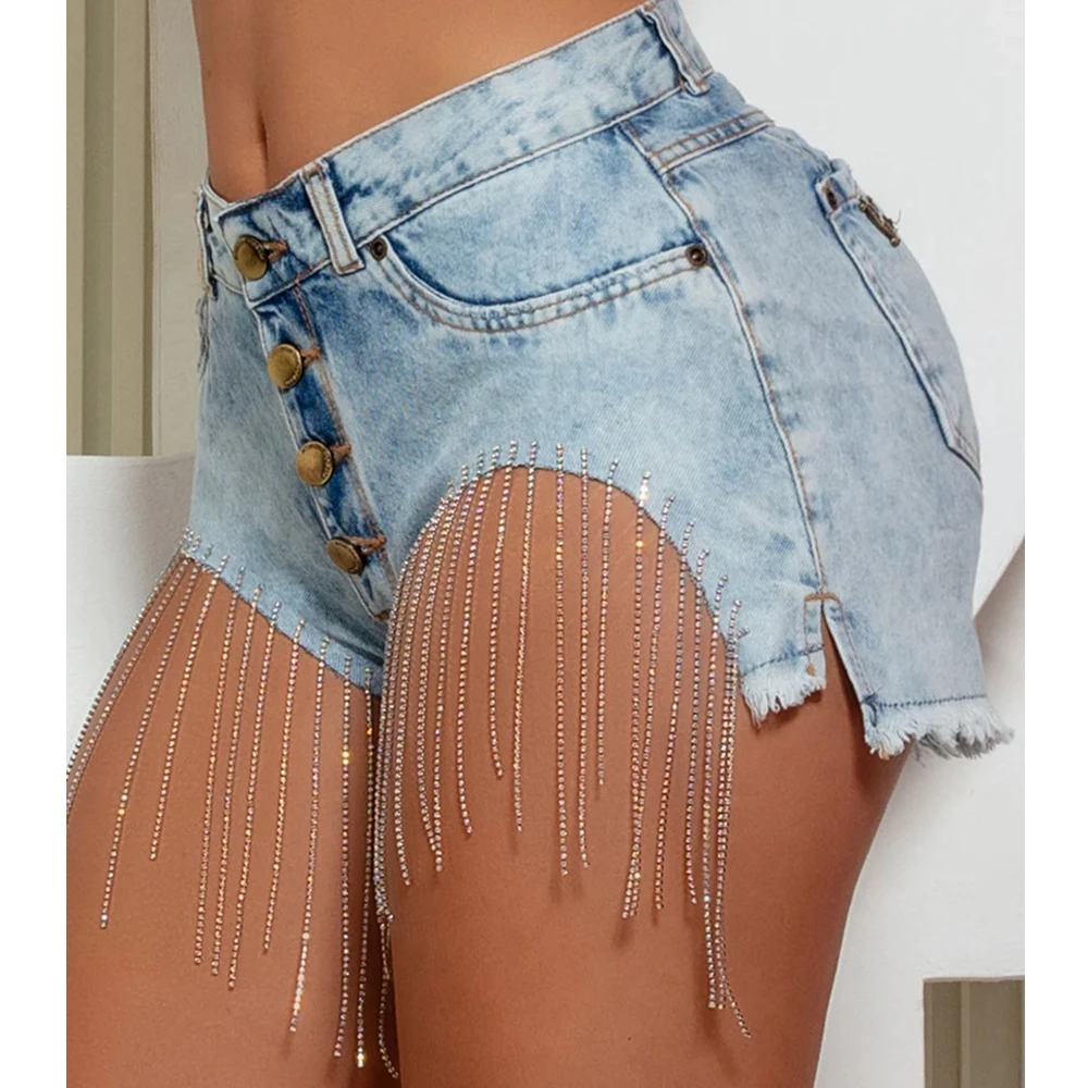 

Wepbel Sexy Short Jeans Women Diamond Chain Stitching Single-Breasted Skinny Denim Shorts Tassel Design Fly Raw Hem Denim Shorts