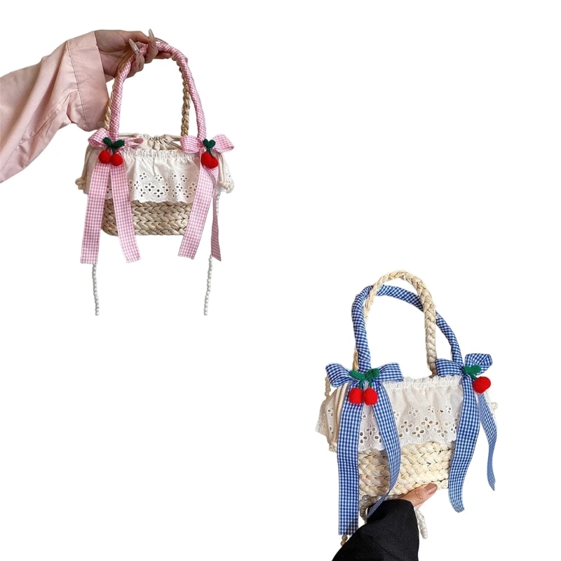 

Bowknot Woven Straw Handbag Beach Ruffle Lace Pearl Chain Crossbody Bag