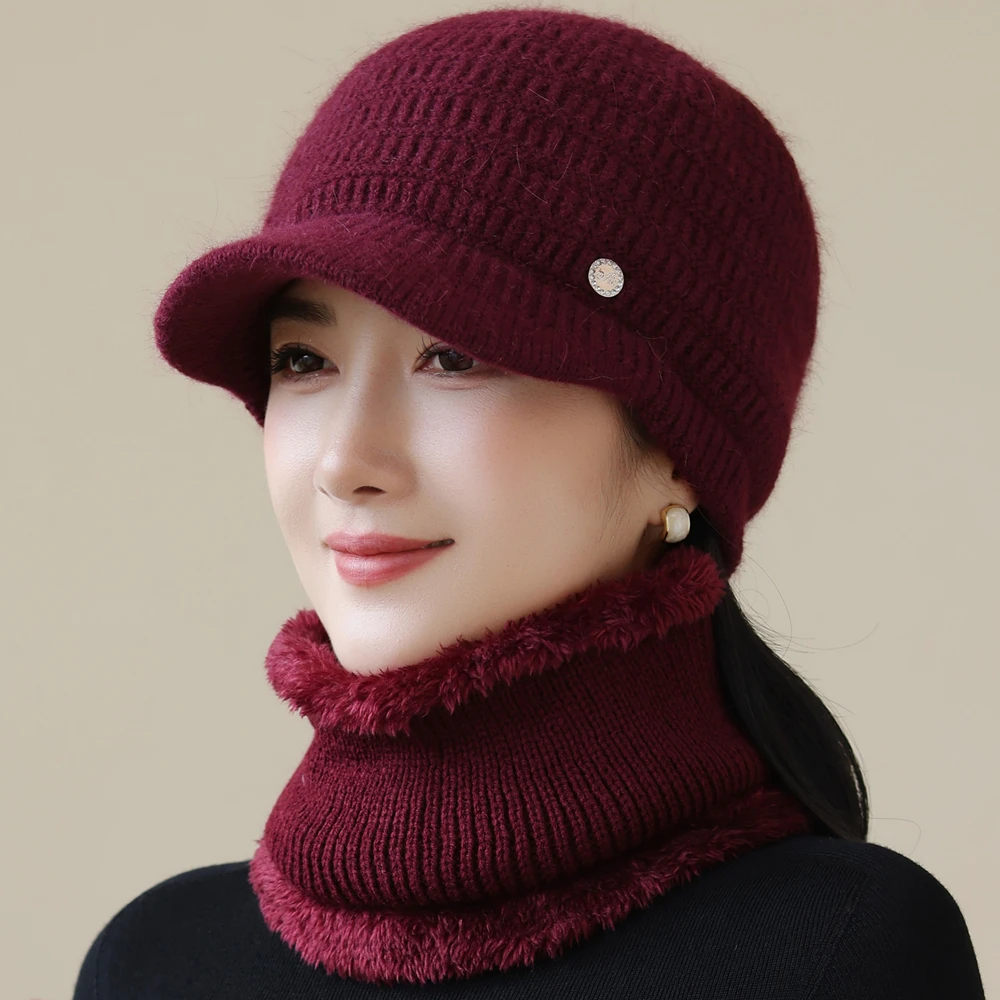 New Women Winter Hat Fashion Warm Set Plush Fur Lined Warm Hats For Female Casual Rabbit Fur Winter Outdoor Knitted Cap Suit