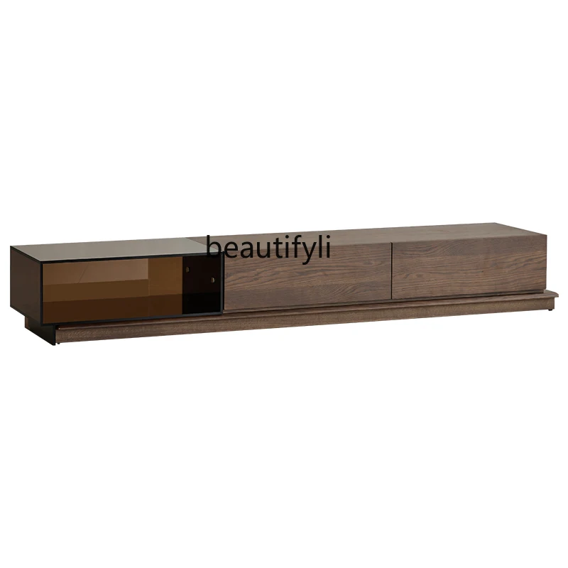 Light Luxury Italian Minimalist Retractable Glass TV Cabinet Small Apartment Living Room Bedroom Floor Storage Solid Wood