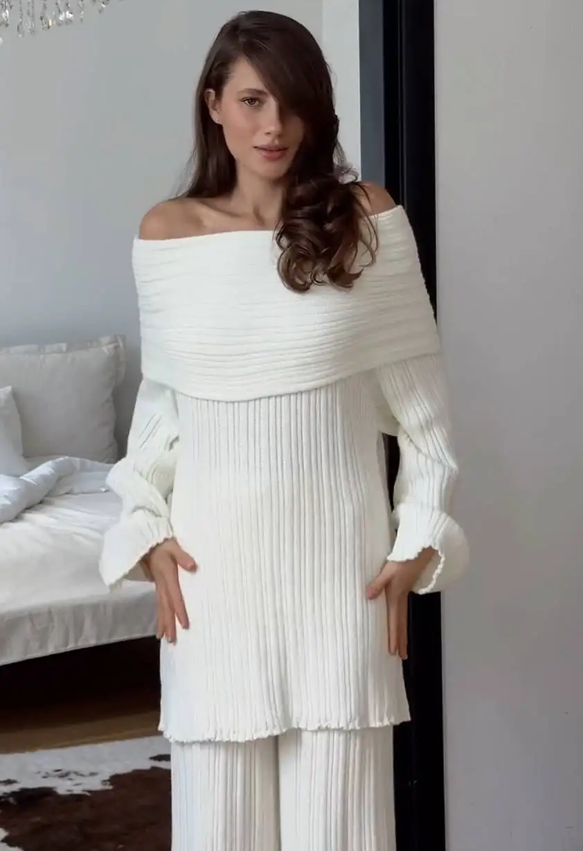 Elegant One-Shoulder Knitted Dress For Women Loose Sexy Rib knit Sweater Autumn Winter Midi Dresses Female Long Sleeve