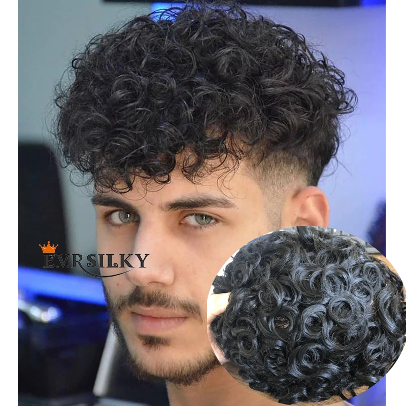 

Jet Black 20mm Curly Durable THin Skin Men Toupee Full Swiss Lace Natural Hairline Male Remy Human Hair Capillary Prosthesis