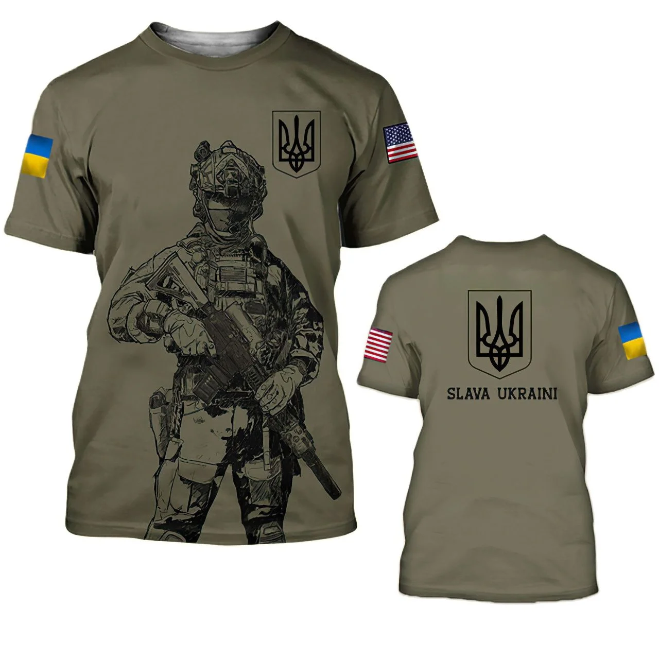 

Special Pattern American Ukrainian Flag 3D T-shirt New Summer Men's Oversized Short Sleeve Black and White Design Polyester