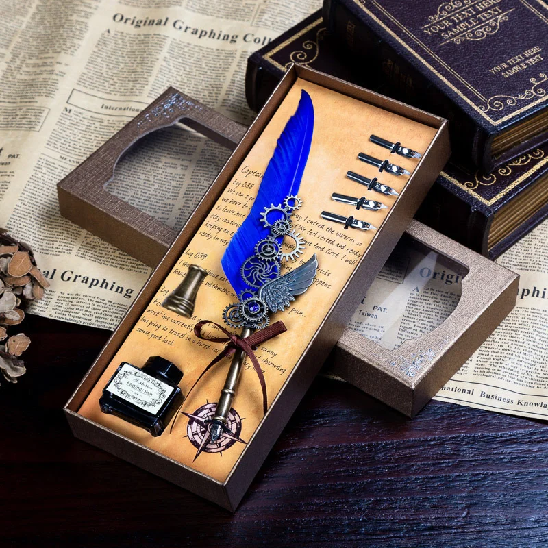 

Antique Calligrap Feather Dip Pen Vintage Advertising Gift Ink Pen Dip Water Metal Fountain Pen Set Box 5 Nibs for School Office