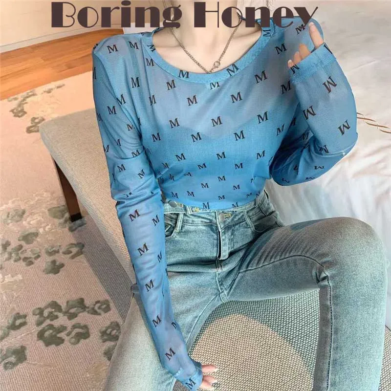 

Boring Honey Fashion Women Blouses Hong Kong Style Letter Mesh Garment Base Shirt Tops All-Match Long Sleeves T-Shirt Top Women