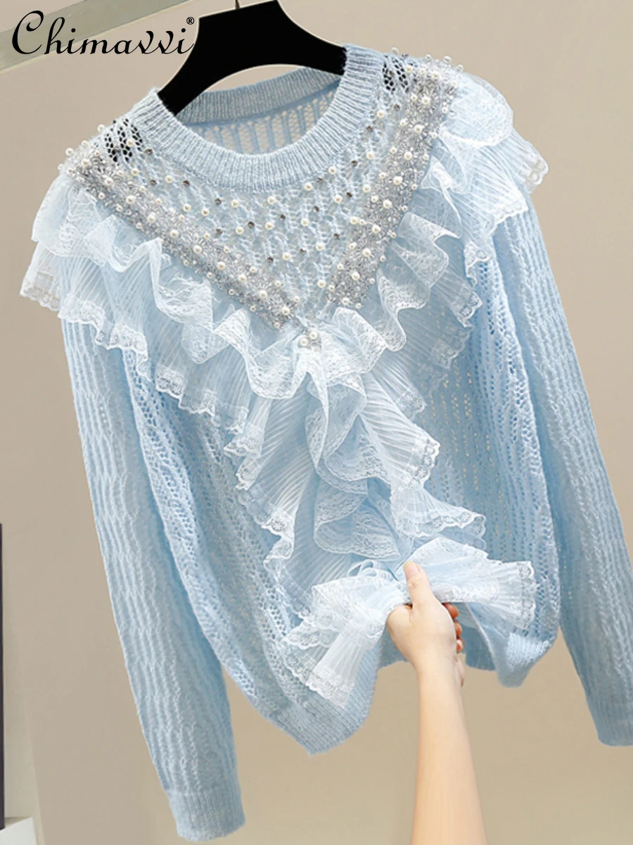 

Heavy Beads Diamond Sweet Lace Pullover Y2K Top Girly Style Patchwork Round Neck Pullover Hollow-out Loose Sweater for Women