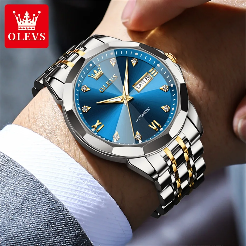 OLEVS 9982 Watch For Men Fashion Dual Calendar Mechanical Man Watch Rhombus Mirror Luxury Waterproof Luminous Dress Wristwatch